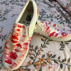 Vans White Slip-Ons with Red and Pink Lip Design